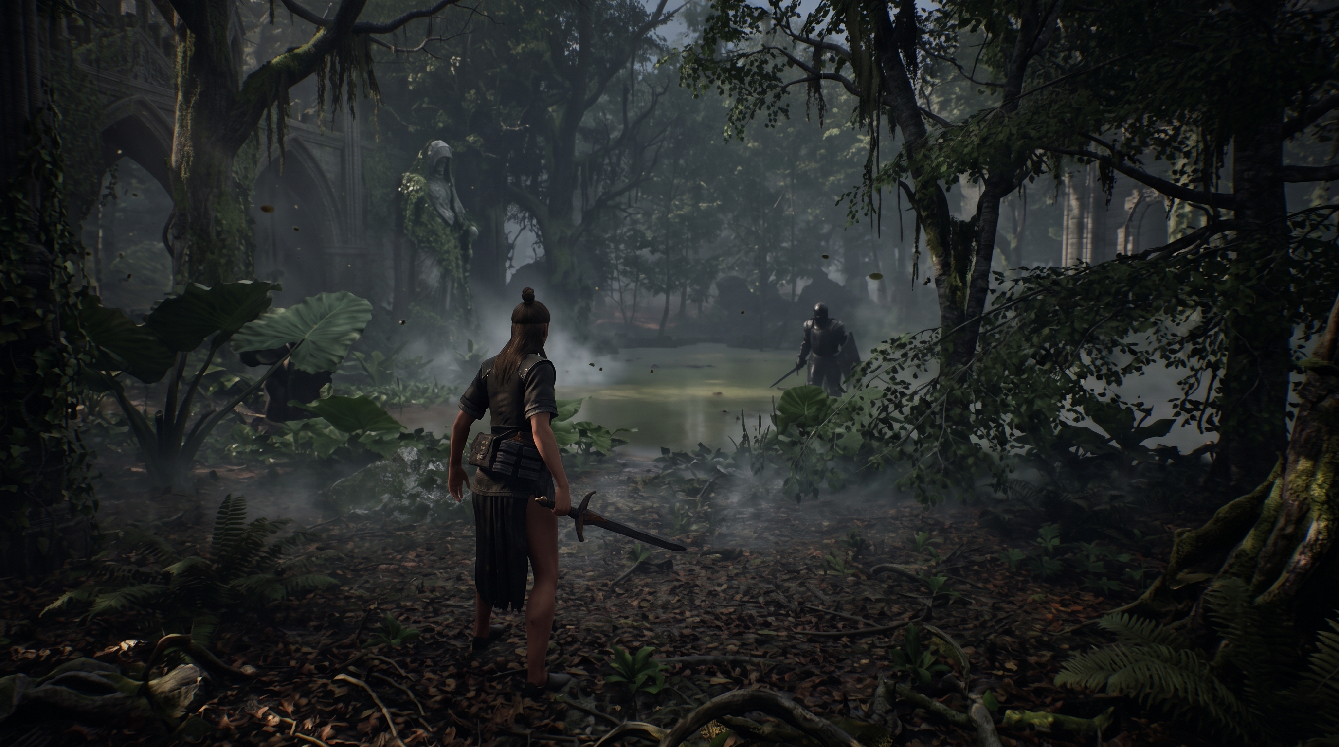 A warrior explores a shadowy forest