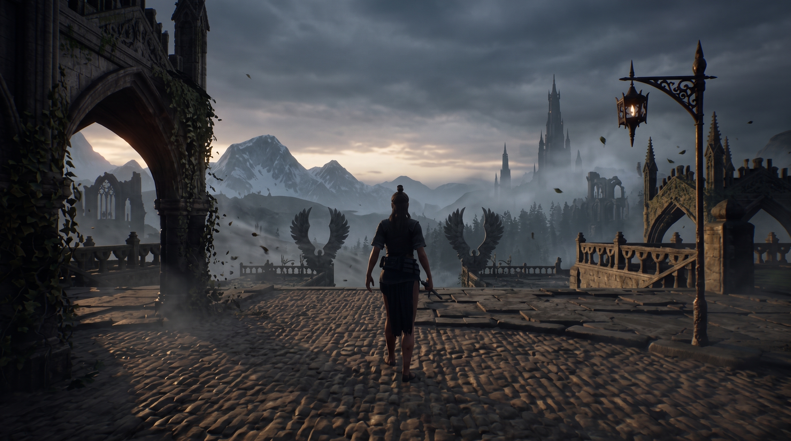 A lone warrior stands before a mist-covered gothic castle