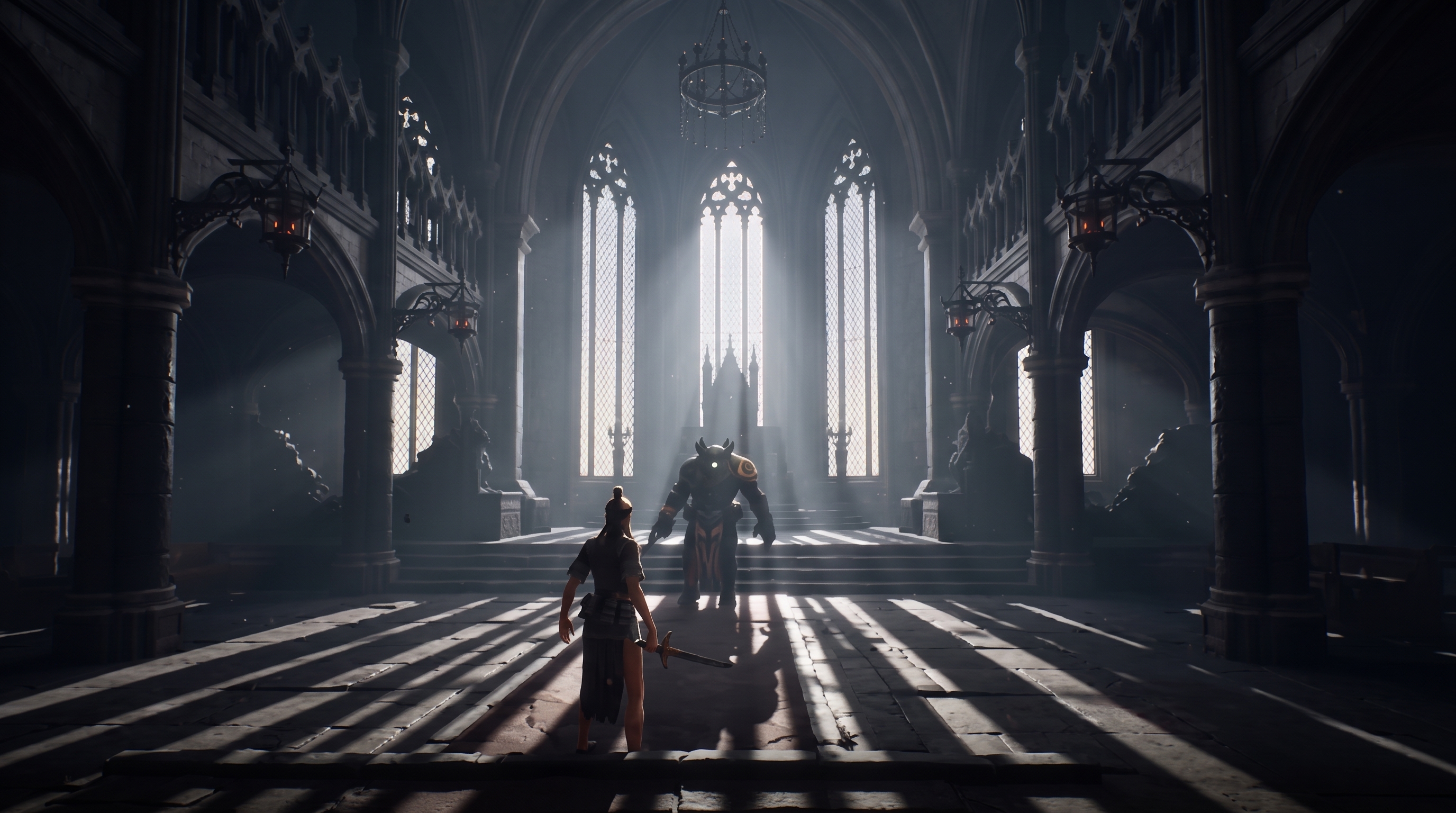 A warrior confronts a towering armored creature in a ruined cathedral